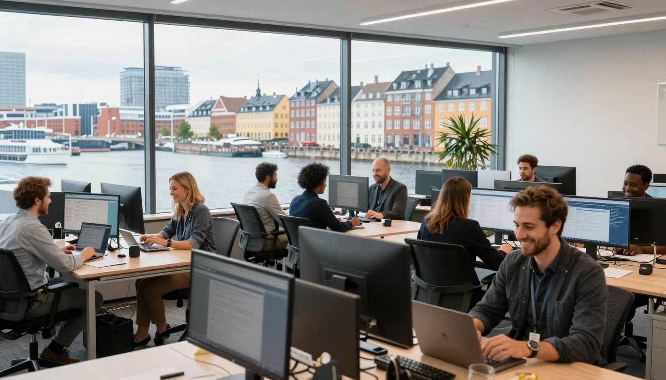 Landscape view of a modern open-plan office in Copenhagen, Denmark during daytime, with diverse international professionals including Americans collaborating happily at desks with laptops and screens, large windows revealing the Danish city skyline and harbor under bright natural sunlight.