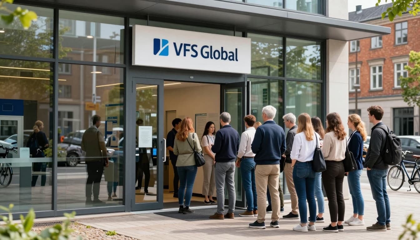 Sleek glass facade of VFS Global Denmark visa application centre with clear signage and orderly queue of diverse people waiting to enter automatic doors in bright daylight.