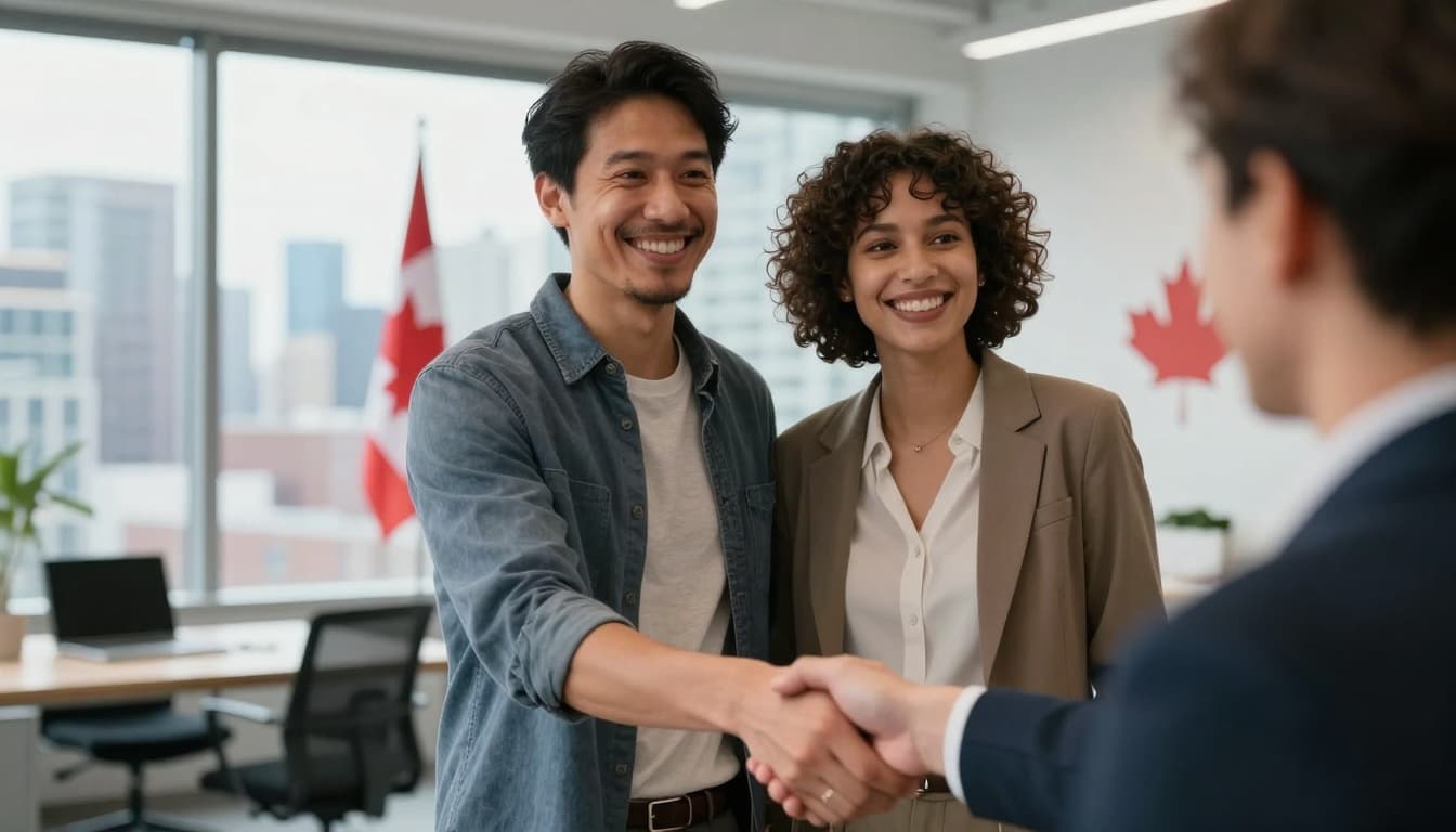 A happy multicultural couple smiles confidently in a modern Canadian office after a successful job interview, shaking hands with the interviewer, with Toronto skyline and maple leaf flag visible through a large window.