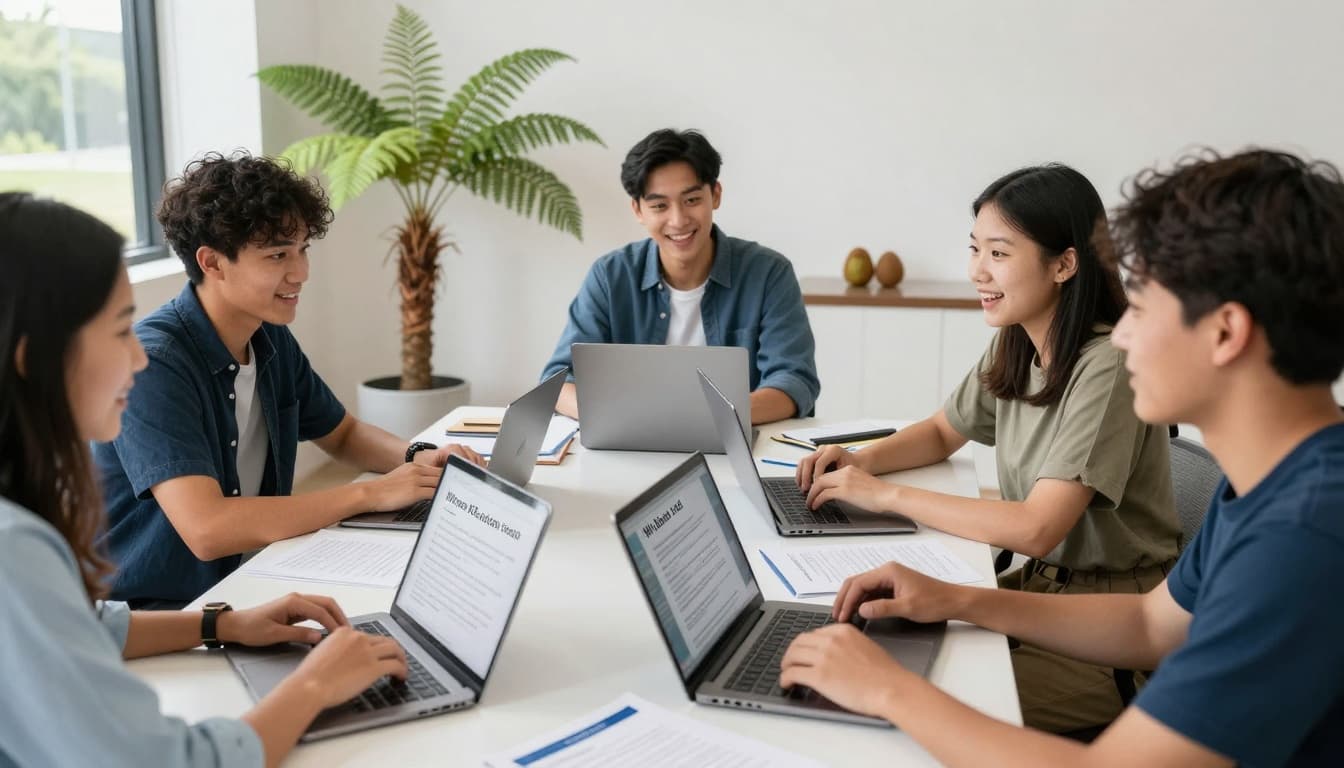A diverse group of students gathered around a table with laptops, notes on common visa questions like why choose NZ and course details, and university brochures in a bright study room adorned with Kiwi fern leaves, capturing an excited and focused mood.