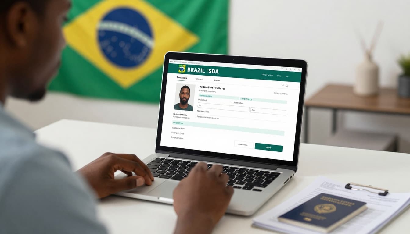 Brazil Visa Application Form for Nigeria: Get Approved 2 A Nigerian person sits at a home office desk, carefully filling out an online Brazil visa application form on a laptop, with the screen displaying fields for personal details and passport information. A Brazilian flag hangs on the wall behind, passport and documents are nearby, under natural daylight in a realistic, focused style.