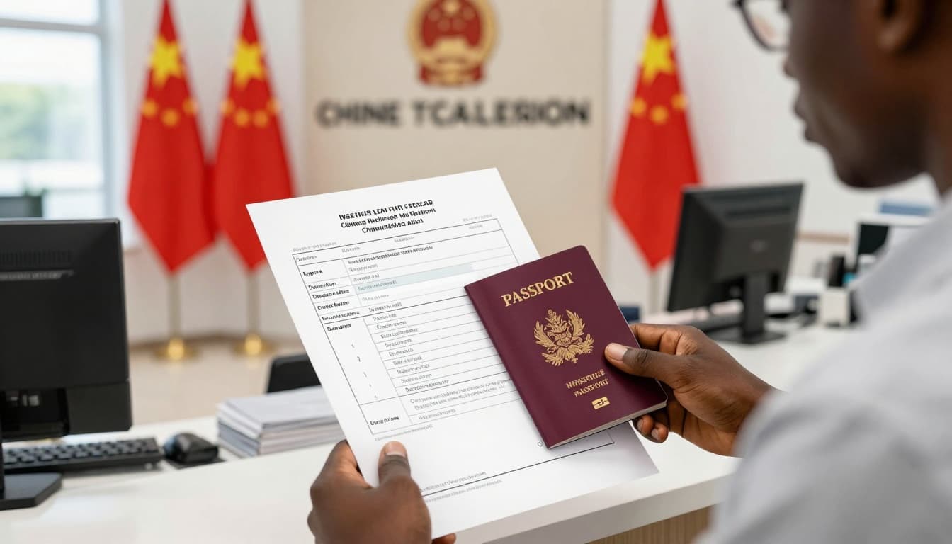 A detailed realistic illustration of a Nigerian person holding a passport and visa documents at the counter of a Chinese visa application service center in Lagos, with embassy flags and modern office setting in the background.
