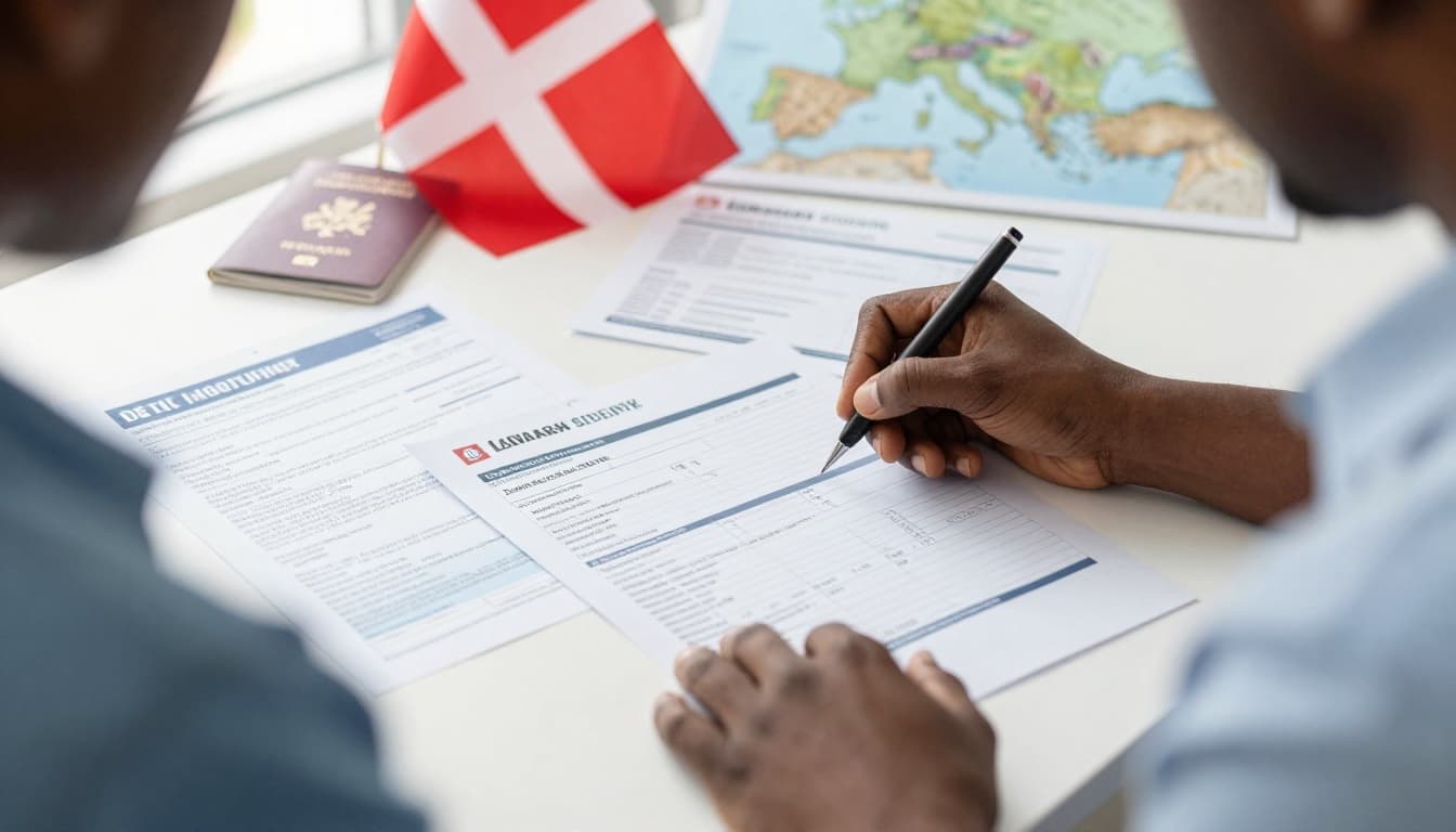 A Nigerian professional at a home office desk meticulously completes Denmark Schengen visa application forms, surrounded by essential documents including passport, bank statements, flight itinerary, hotel bookings, and travel insurance, with a Danish flag and map in the background.