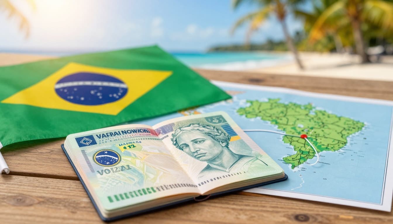 Brazil Visa Application from Nigeria: Steps, Fees, Documents 2 A photorealistic image of an open Nigerian passport displaying a colorful Brazil tourist visa sticker on a wooden table next to the waving Brazilian flag, with a world map showing a flight path between Nigeria and Brazil, and a tropical beach background.