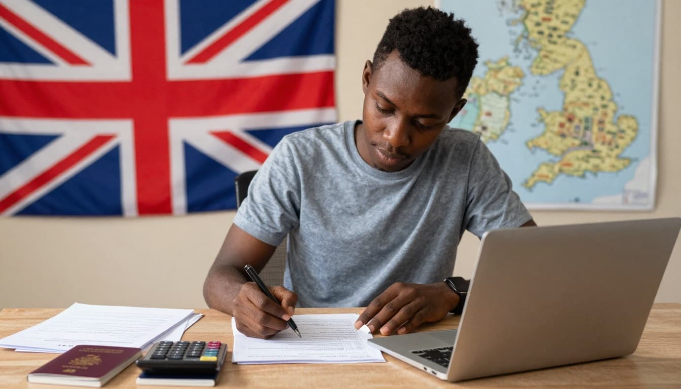UK Student Visa Fee in Nigeria in Dollars: Guide to IHS 3 A focused Nigerian student sits at a desk using a laptop to calculate UK visa expenses, surrounded by documents like a CAS letter, passport, and a calculator displaying dollars, with a Union Jack flag and UK map in the background.