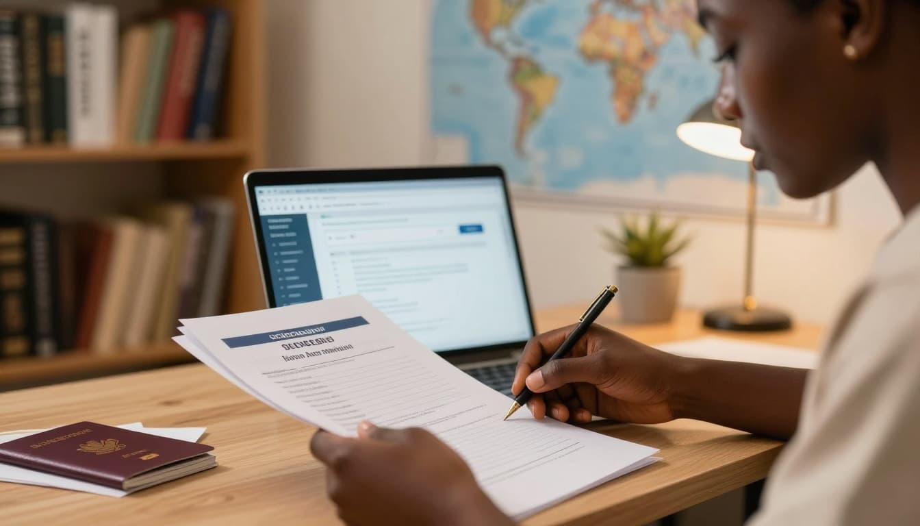 Scholarships for Nigerian Students to Study in USA Guide 3 Close-up of a Nigerian student at a desk, meticulously preparing scholarship documents including transcripts and passport, with a laptop displaying an online form, in a cozy study room featuring bookshelves, a world map poster, and warm lamp light.