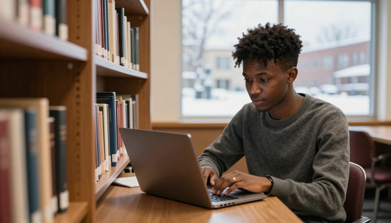 Canadian Scholarships for Nigerian Students: Fully Funded 3 A Nigerian student with a focused expression studies diligently in a cozy library at a Canadian university, surrounded by books and a laptop under warm lighting, with a scenic snowy campus view through the window.