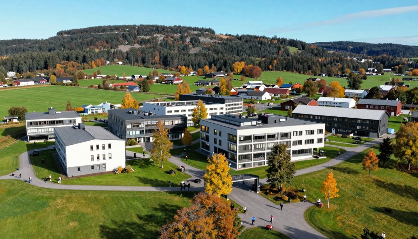 Norwegian Universities of Life Sciences for Students 2 A vibrant aerial view of the Norwegian University of Life Sciences NMBU campus in Ås, Norway, during autumn, featuring green fields, modern buildings, forests, students on paths, farms, labs, and a clear blue sky.