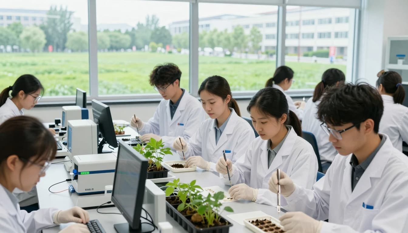 Norwegian Universities of Life Sciences for Students 3 Diverse students in a modern NMBU laboratory conducting sustainable agriculture research with plants, soil samples, and high-tech equipment, illuminated by natural light overlooking green fields.
