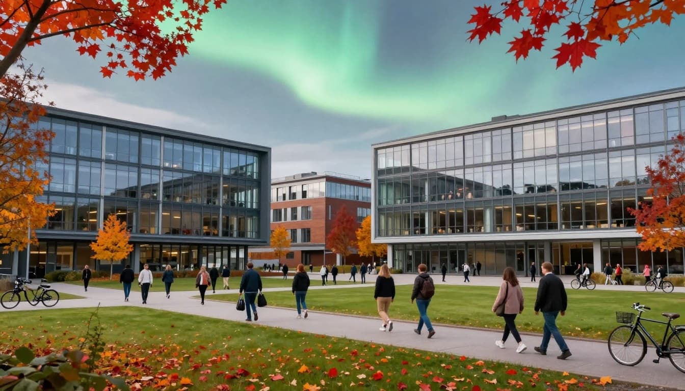 Scholarships in Norway for International Students 2026: Top Options and How to Apply 6 Photorealistic depiction of a modern university campus in Norway during autumn, with diverse students walking between glass buildings, red and orange leaves, green spaces, and bicycles under a northern light sky.