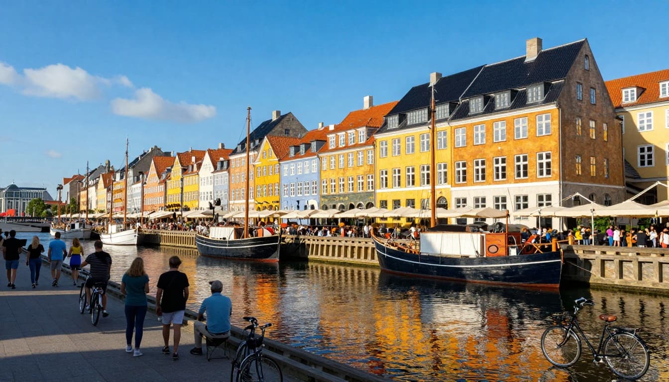 Stunning scenic view of Copenhagen's Nyhavn harbor on a summer day, with colorful buildings reflected in calm water, tourists on the promenade with bicycles, historic ships docked, and a church spire under a clear blue sky.
