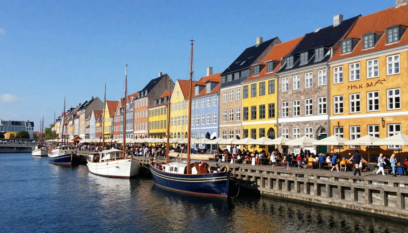 A vibrant landscape photo of Nyhavn harbor in Copenhagen, Denmark, on a sunny day, showcasing colorful 18th-century houses lining the canal, boats in the water, people walking along the promenade, and umbrellas at foreground cafes under a clear blue sky.