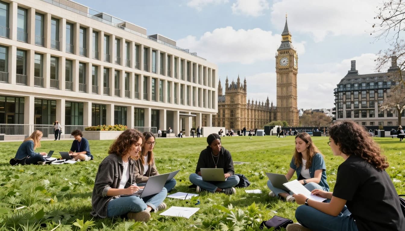 NYU Study Abroad Programs for College Students: Top Guide 3 Modern NYU campus building in London shows multicultural students studying and discussing on a green lawn with laptops, Big Ben in the background under bright daylight.