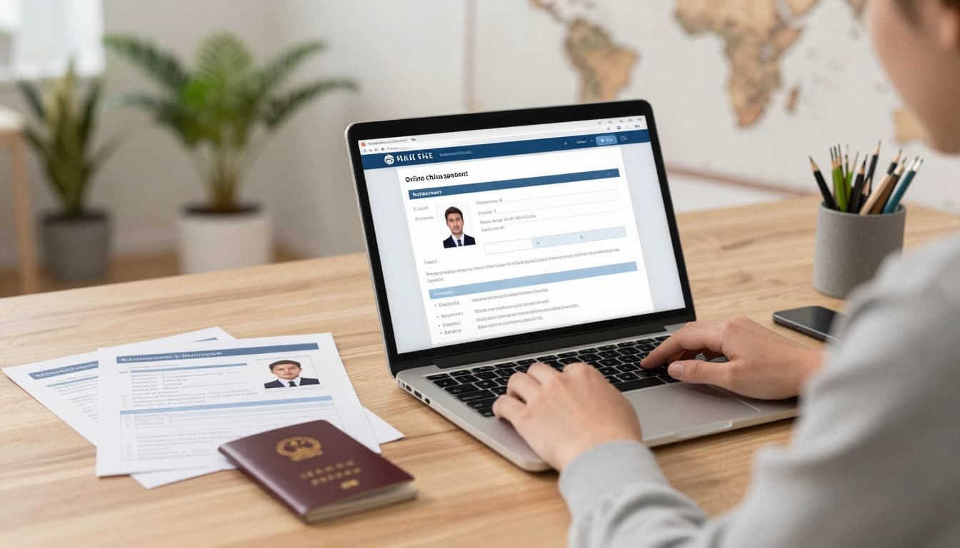 China Visa Application Form Online Apply Guide | COVA for US 6 A person sits at a modern desk using a laptop to fill out an online China visa application form, with passport photo, itinerary, and ID nearby. The cozy home office includes plants, a world map on the wall, and warm lighting for a focused, productive atmosphere.