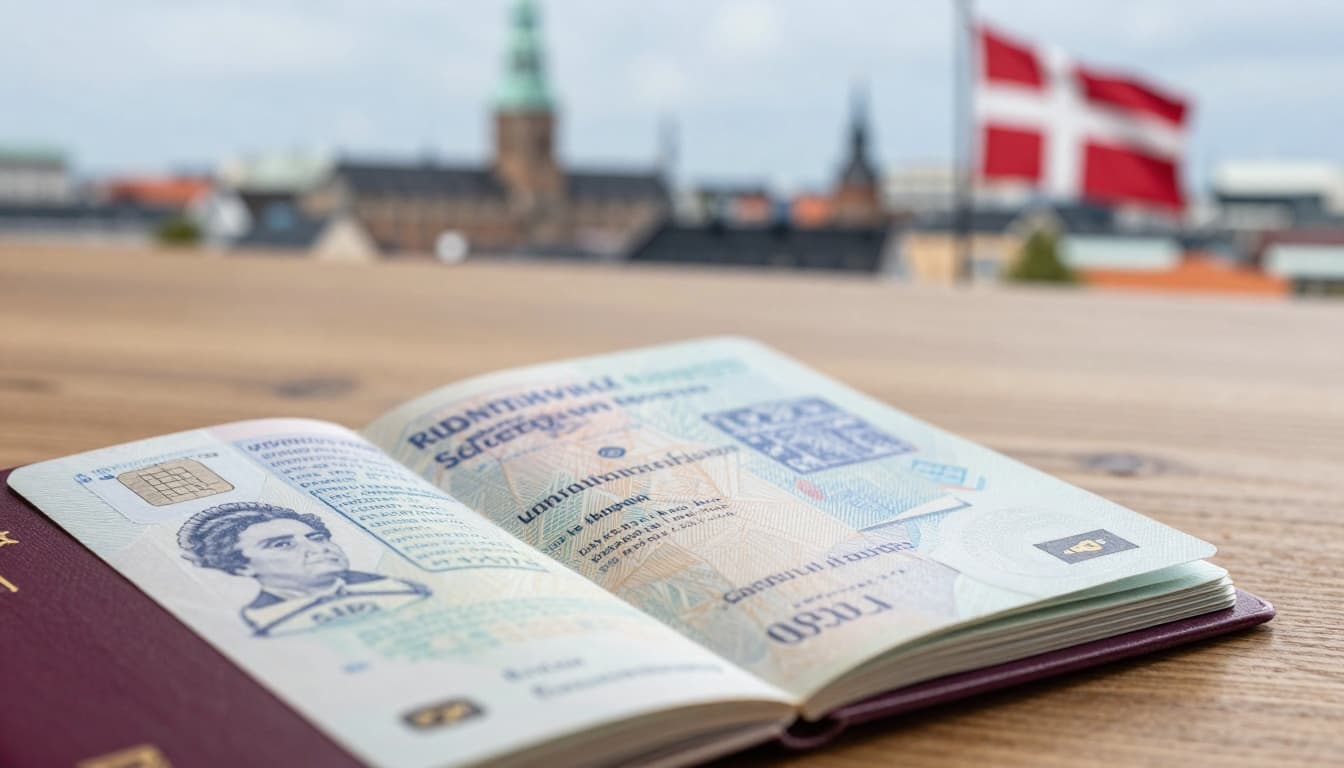 Close-up of an open British passport displaying a fresh Denmark Schengen entry stamp on a wooden table, with blurred Copenhagen skyline and Danish flag in the background.