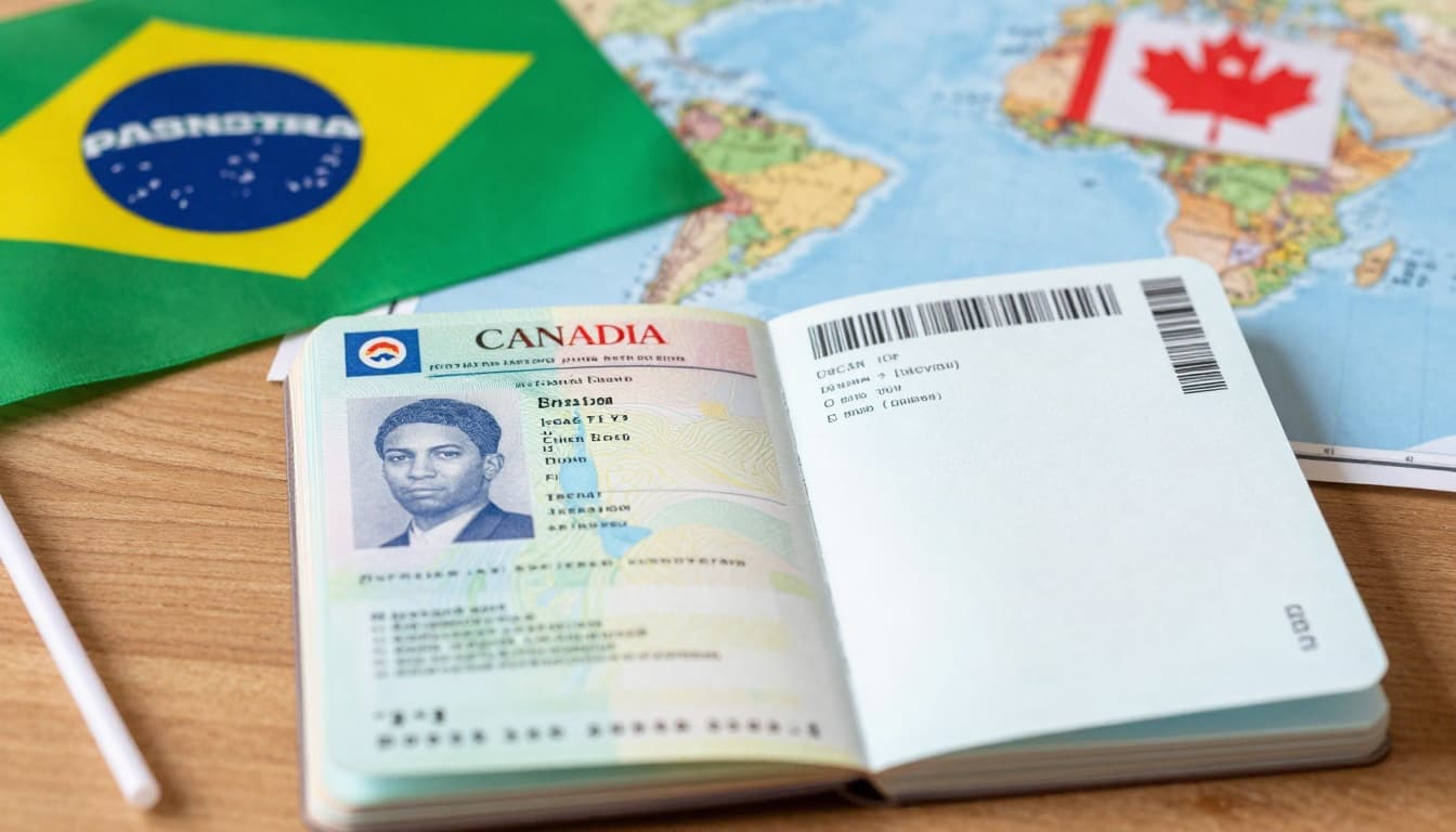 Close-up of an open Canadian passport data page next to a printed Brazil eVisa with barcode on a wooden desk, with Brazilian flag and world map in background.