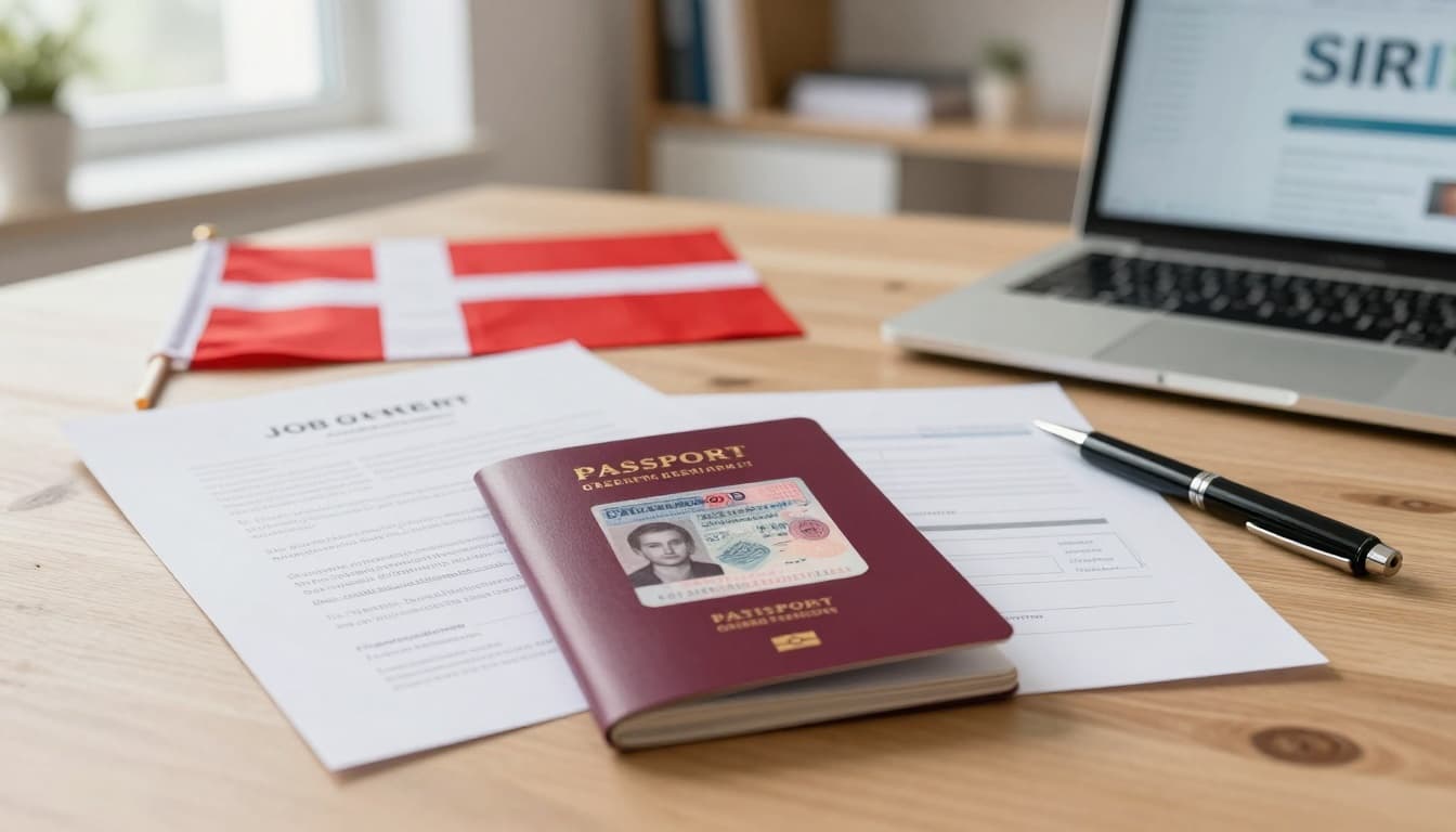 Photorealistic image of a wooden desk in a bright modern office, featuring an open passport prominently displaying a Danish residence permit visa stamp, surrounded by a Danish flag, job offer contract, application forms, pen, and laptop showing the SIRI website.