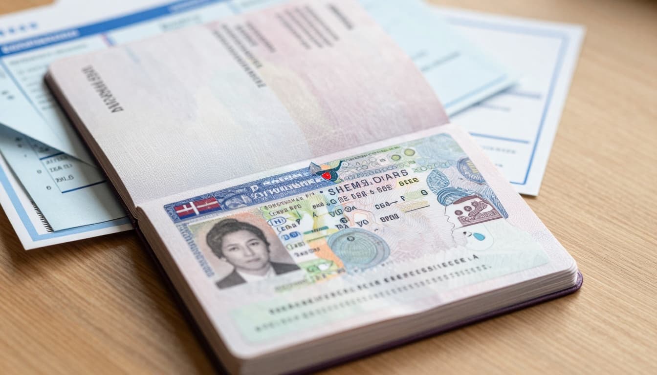 Denmark Visa Application from Bangladesh: VFS Dhaka Steps 3 Close-up of an open passport displaying a Denmark Schengen visa sticker on a wooden desk beside a stack of travel documents like flight itinerary, hotel booking, insurance certificate, and bank statement. Soft natural lighting highlights sharp visa details in realistic photography style.