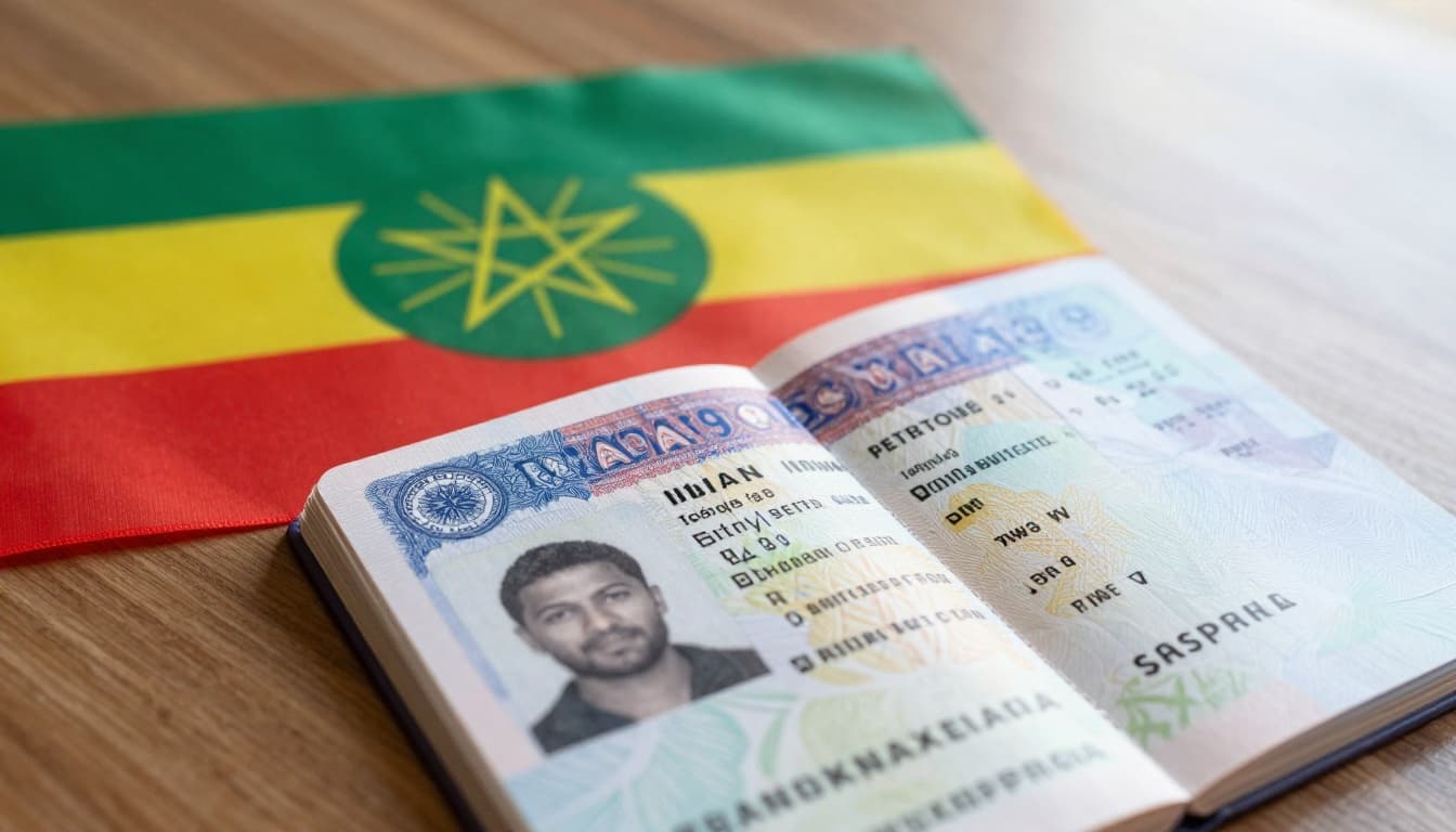 A close-up view of an open Ethiopian passport showing a valid Indian visa sticker page next to the waving flag of Ethiopia on a wooden desk surface.