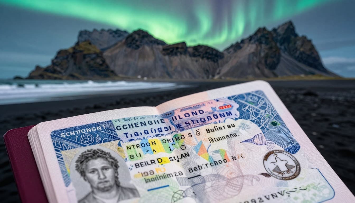 A photorealistic image of an open passport displaying a colorful Schengen visa sticker for Iceland tourism, placed beside a volcanic black sand beach under the Northern Lights with mountains in the background.