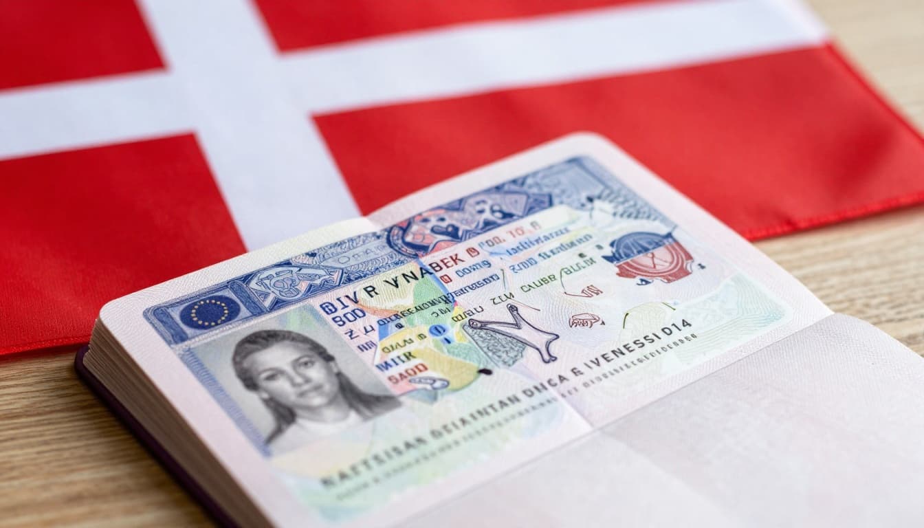 A realistic close-up of an open passport showing a Danish visa stamp and Schengen visa pages, placed on a wooden table with Danish flag in the blurred background, natural lighting, high detail, photorealistic style, no text or watermarks.
