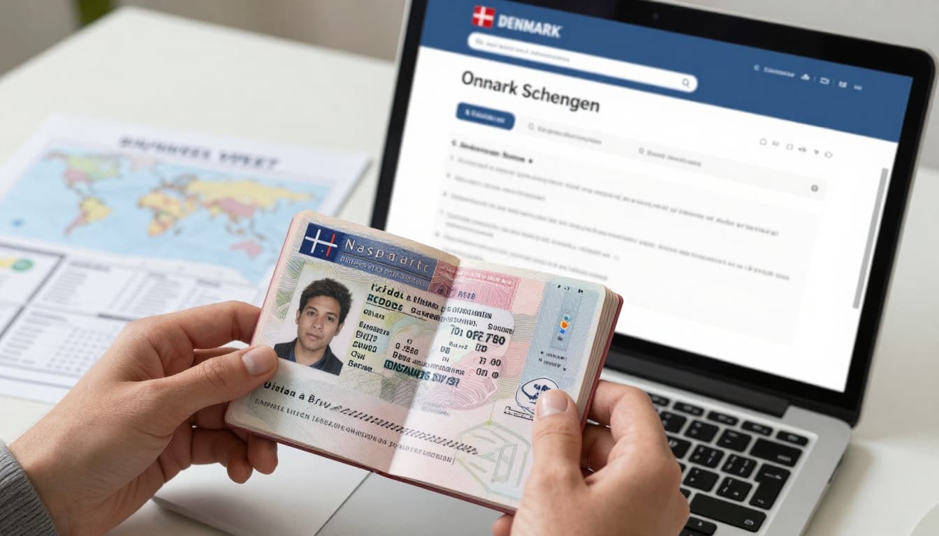 Close-up of hands holding a valid passport open to the photo page next to a laptop showing Denmark Schengen visa application form, on a desk with travel papers and world map.