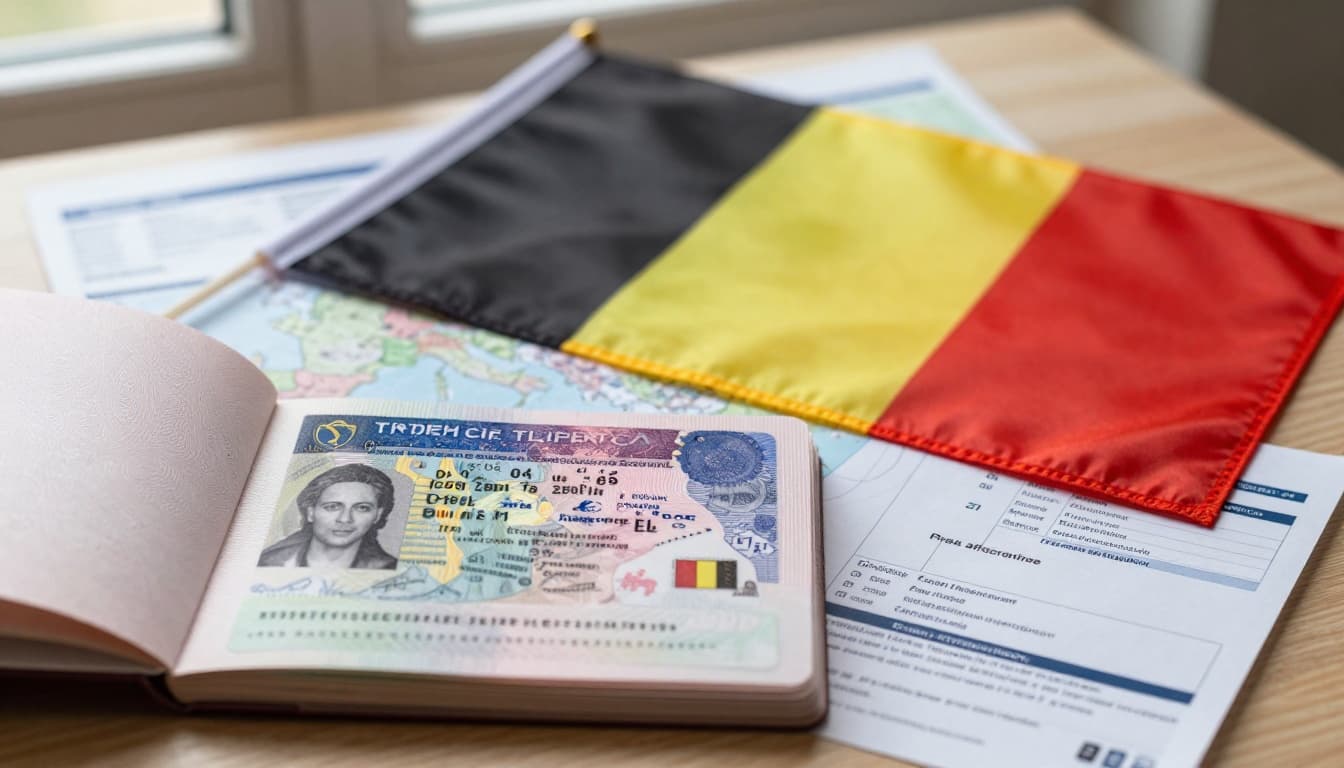 Visa to Belgium from South Africa: Step-by-Step Guide 2 A realistic close-up view of an open South African passport displaying a valid Schengen Type C visa sticker for Belgium, placed on a wooden desk. Next to it, the Belgian flag waves gently, with supporting documents like flight itinerary, hotel booking, and travel insurance scattered around.