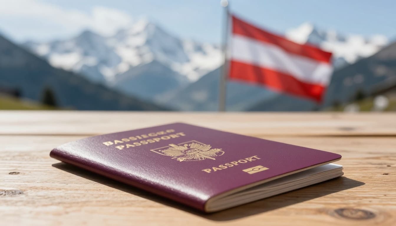 A realistic image of a UK passport lying open on a wooden table in a sunny Austrian alpine setting, with snow-capped mountains and an Austrian flag waving gently in the background under soft natural light.