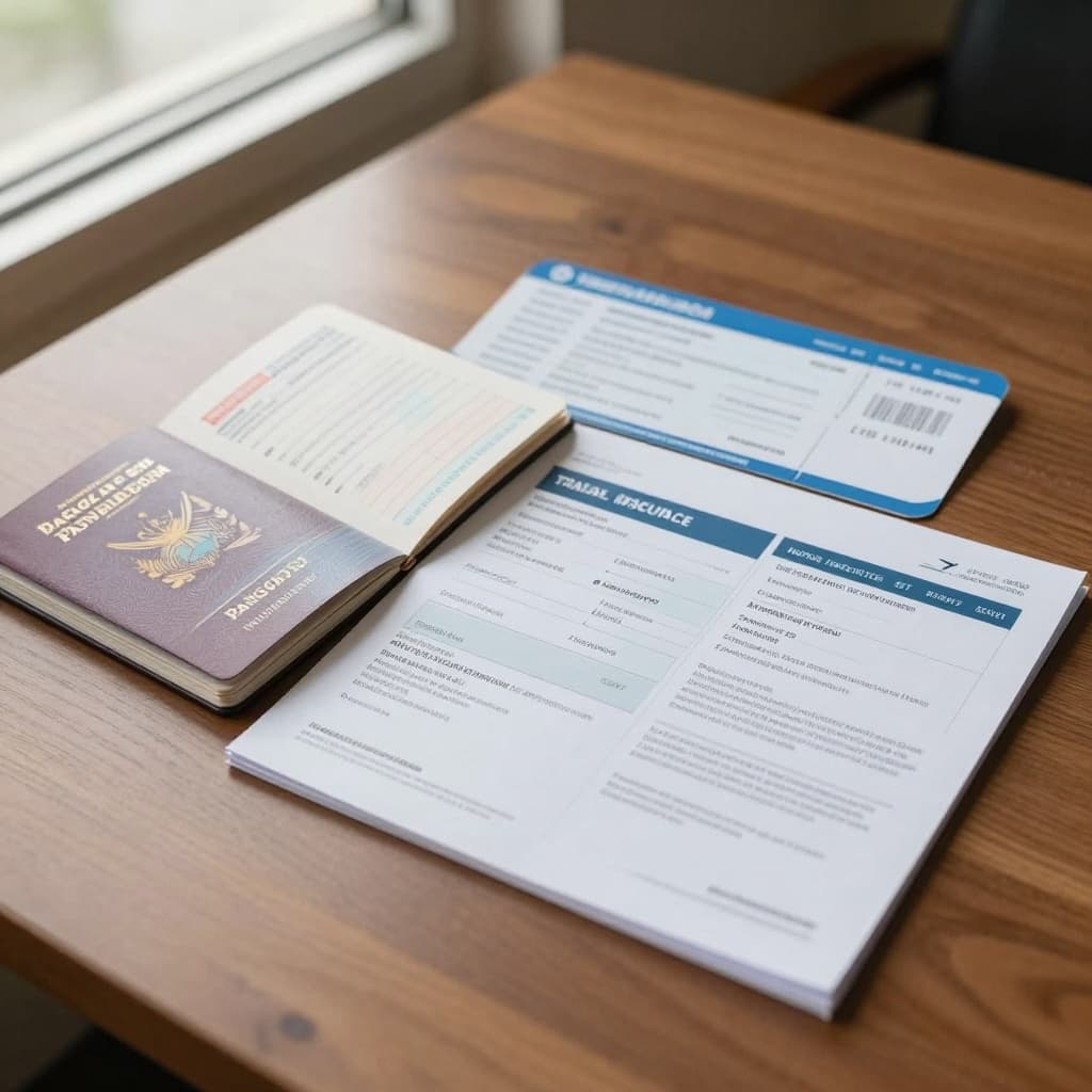 Bahamas Tourist Visa for Bangladeshi 2026 | 90 Days 7 Organized travel documents laid out on a wooden desk, including an open Bangladeshi passport showing visa pages, printed airplane ticket, hotel reservation confirmation, bank statement excerpt, and travel insurance policy, captured in a top-down realistic photography style with soft natural light.