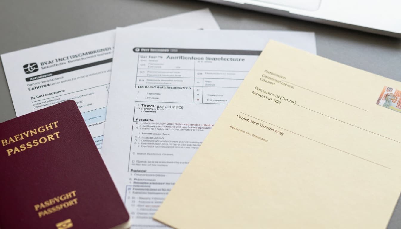 Close-up top-down view of neatly arranged visa application documents on a desk, including passport, Schengen visa form, travel insurance, bank statements, and invitation letter with an Austrian visa sticker visible under soft office lighting.