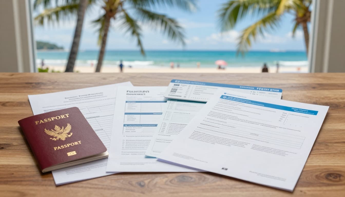 Realistic photo of passport, visa forms, flight tickets, hotel bookings, bank statements, and travel insurance neatly arranged on a wooden table, with a sunny Pattaya beach scene visible through the window.