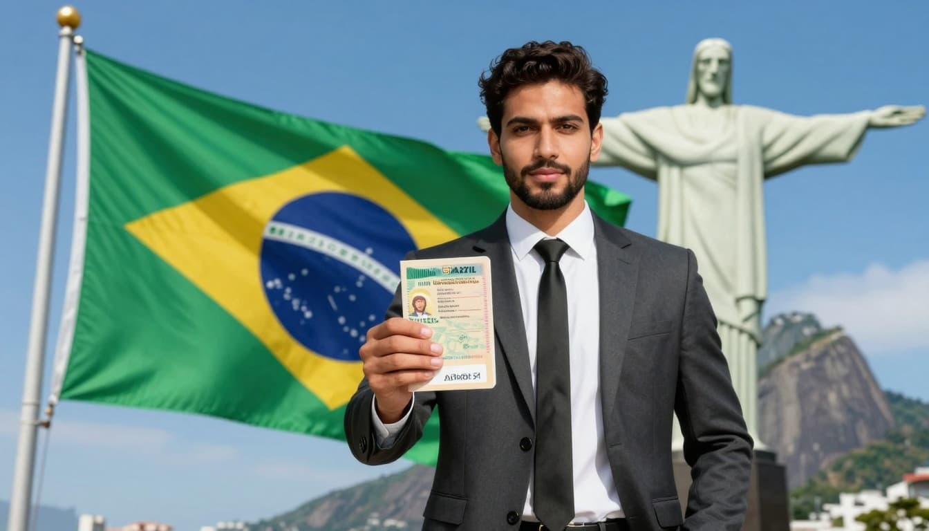 Landscape image of a confident young Pakistani man in professional business attire standing in front of a waving Brazilian flag, holding an open passport with a Brazil work visa stamp, with the iconic Christ the Redeemer statue in Rio de Janeiro under sunny skies.