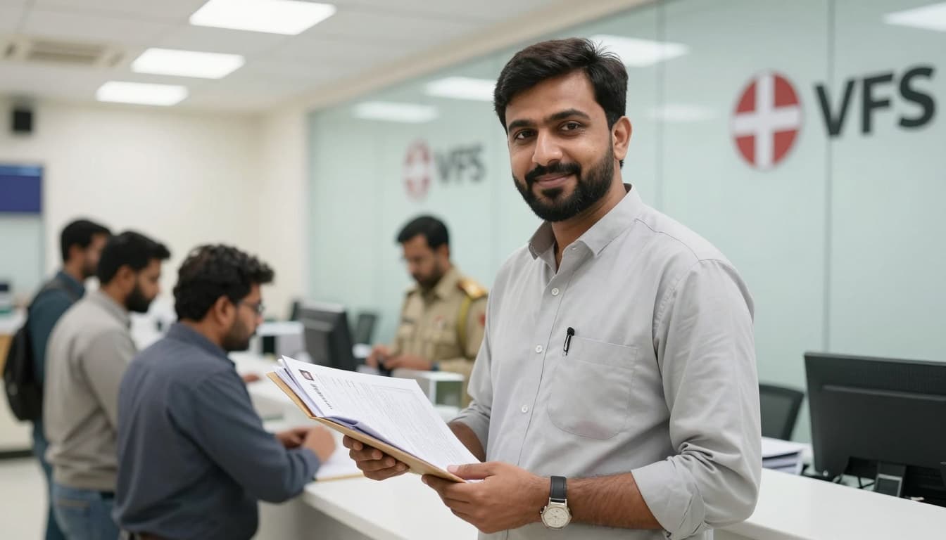 A Pakistani man in his 30s stands at a VFS Global visa application counter in Pakistan, holding documents and smiling as staff reviews his papers.