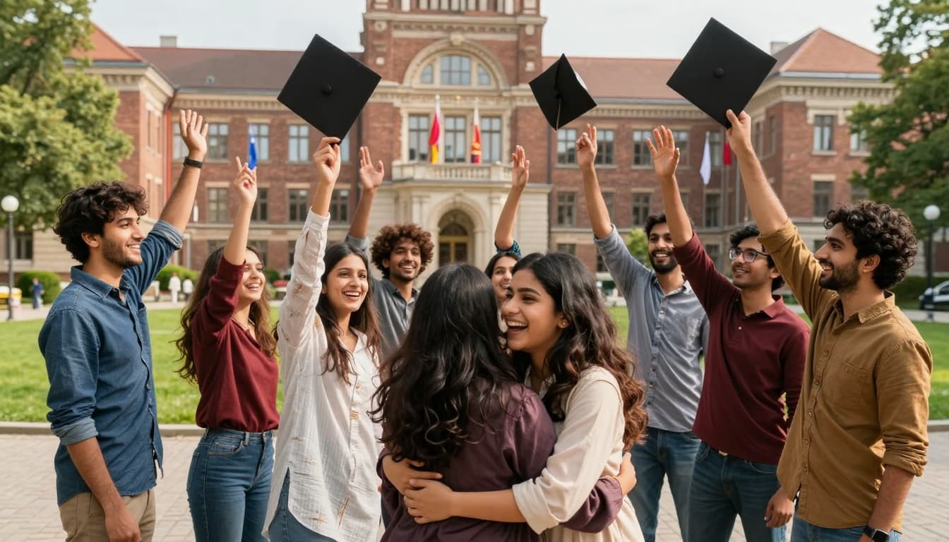 Joyful diverse international students, including Pakistani ones in traditional-casual mix, celebrate a scholarship award on sunny Budapest university campus with high-fives, cap tosses, hugs, historic buildings, and green lawns.