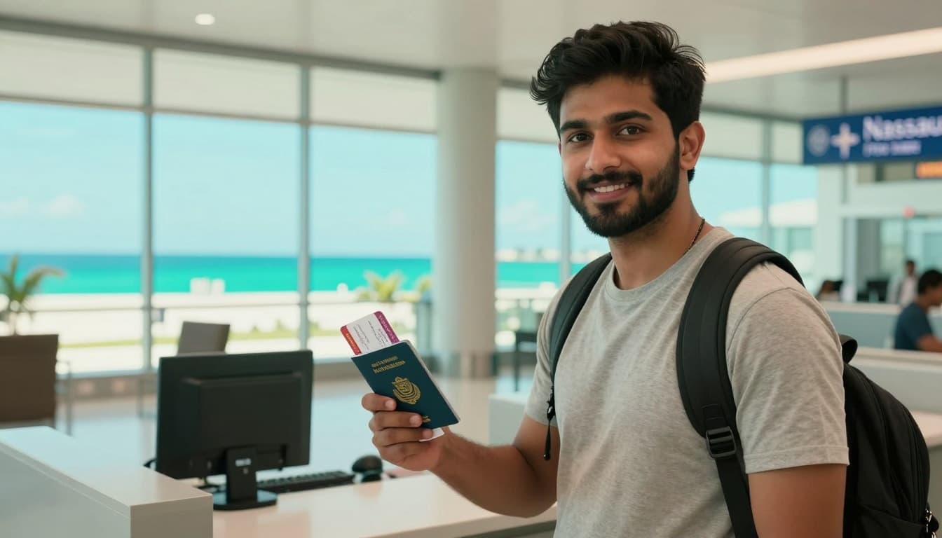 Bahamas Tourist Visa for Pakistani Citizens 2026 Guide 2 A realistic photo of a young Pakistani man holding his passport and boarding pass at the customs counter in a bright modern Bahamas airport terminal with turquoise ocean views.
