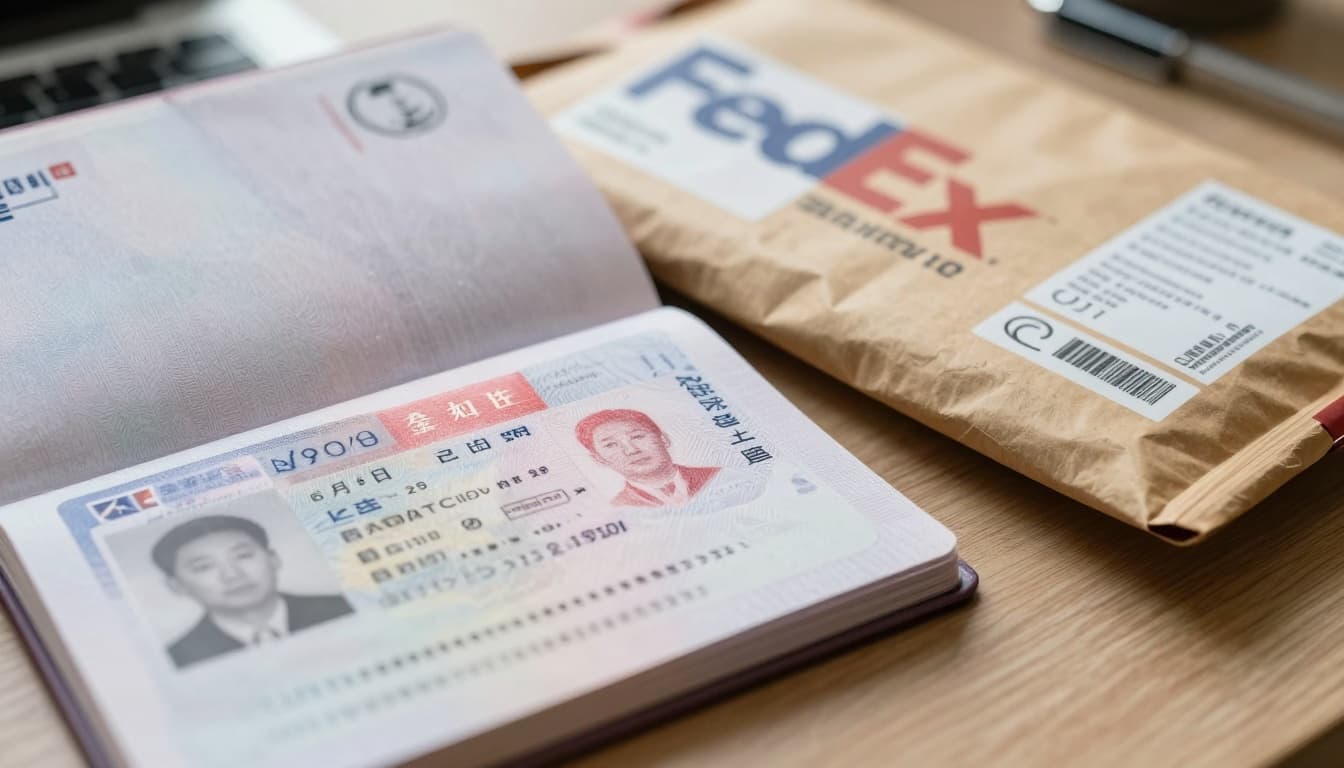 China Visa Services in Las Vegas: Best Mail-In Options 2 A close-up view of an open passport showing a fresh red China tourist visa stamp next to a brown FedEx shipping envelope on a wooden desk with soft natural lighting.