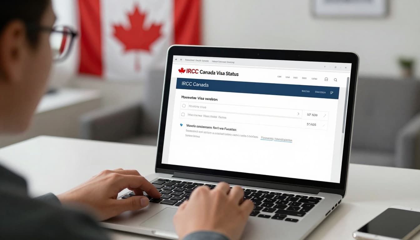 Canada Visa Application Status Check Online: Complete Guide 5 A person sits at a modern desk with a laptop displaying the IRCC Canada visa status check page, Canadian flag on the wall, natural daylight, realistic style with screen reflection on glasses and calm focused mood.
