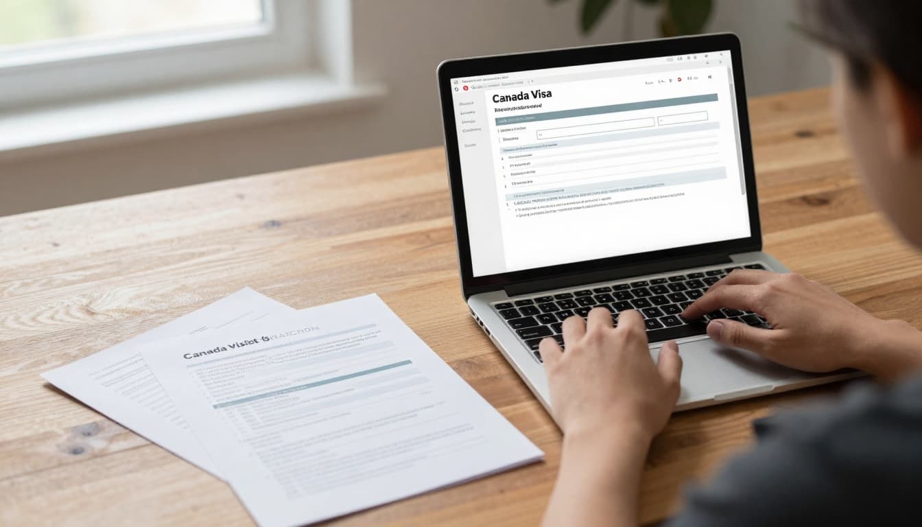 A person sits at a wooden desk in a home office, carefully completing a Canada visitor visa application form on a laptop screen, with passport and documents nearby under natural daylight.