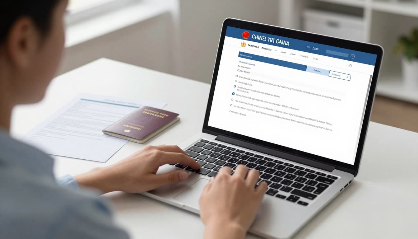Embassy of China Visa Application Online: Get Approved 5 A focused person sits at a modern home office desk, using a laptop to complete an online China visa application form, with passport and documents nearby under soft natural light.