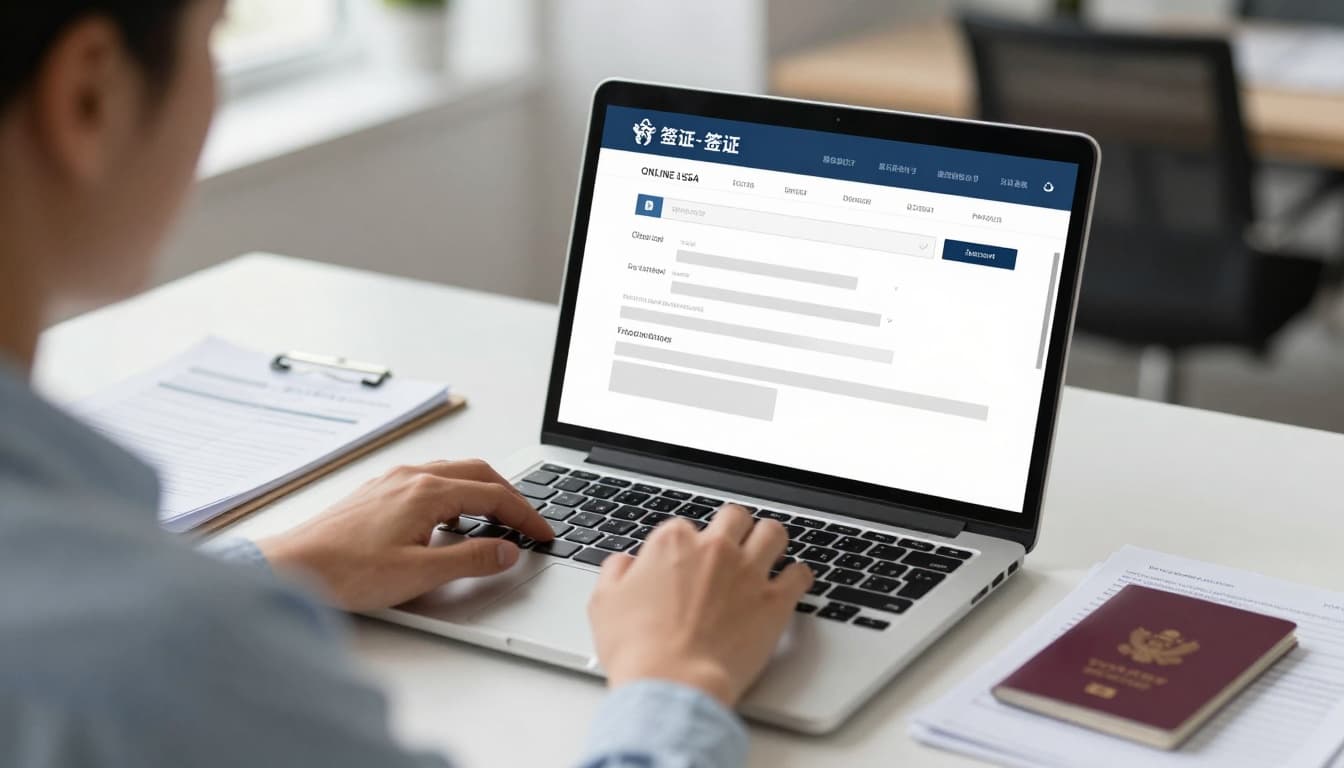 China Visa Application Form Download Guide COVA Steps 2 A realistic photorealistic image of a person sitting at a modern office desk with a laptop displaying a blurred online China visa application form, surrounded by passport and documents in natural daylight.