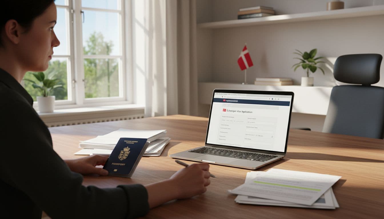 A focused person in a modern home office fills out an online Schengen visa application for Denmark on a laptop showing the nyidanmark.dk website with form fields. Includes passport, documents, Danish flag, natural daylight, realistic high-detail photography.