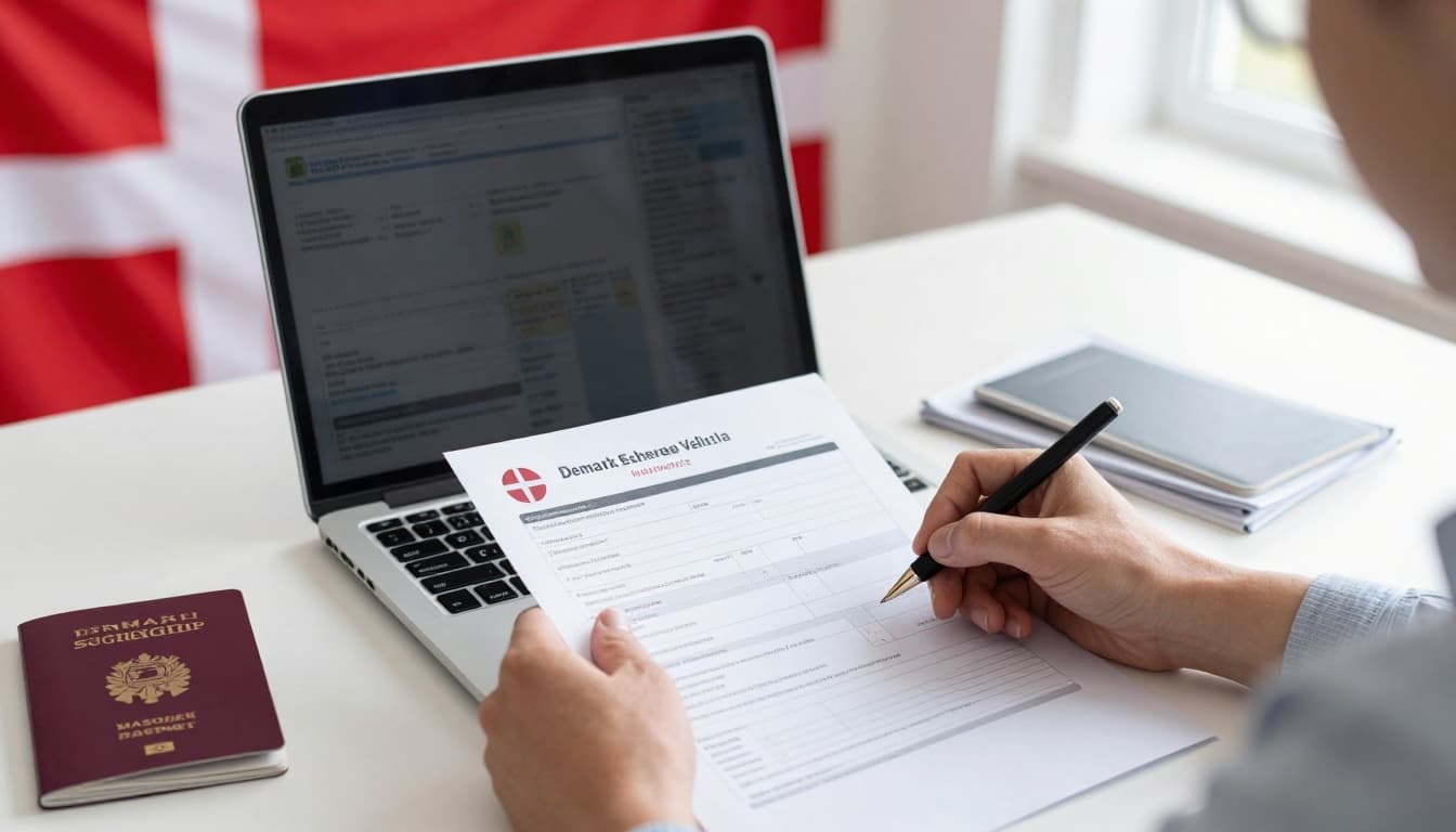 A detailed realistic image of a person sitting at a desk filling out a Denmark Schengen visa application form on a laptop, with a Danish flag in the background and passport, travel documents nearby under natural daylight.