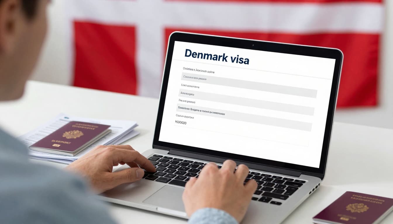 Denmark Visa Application Form 2026, ApplyVisa Online 2 Illustration of a person at a desk using a laptop to complete an online Denmark visa application form, with passport and documents nearby in a modern office setting featuring the Danish flag.