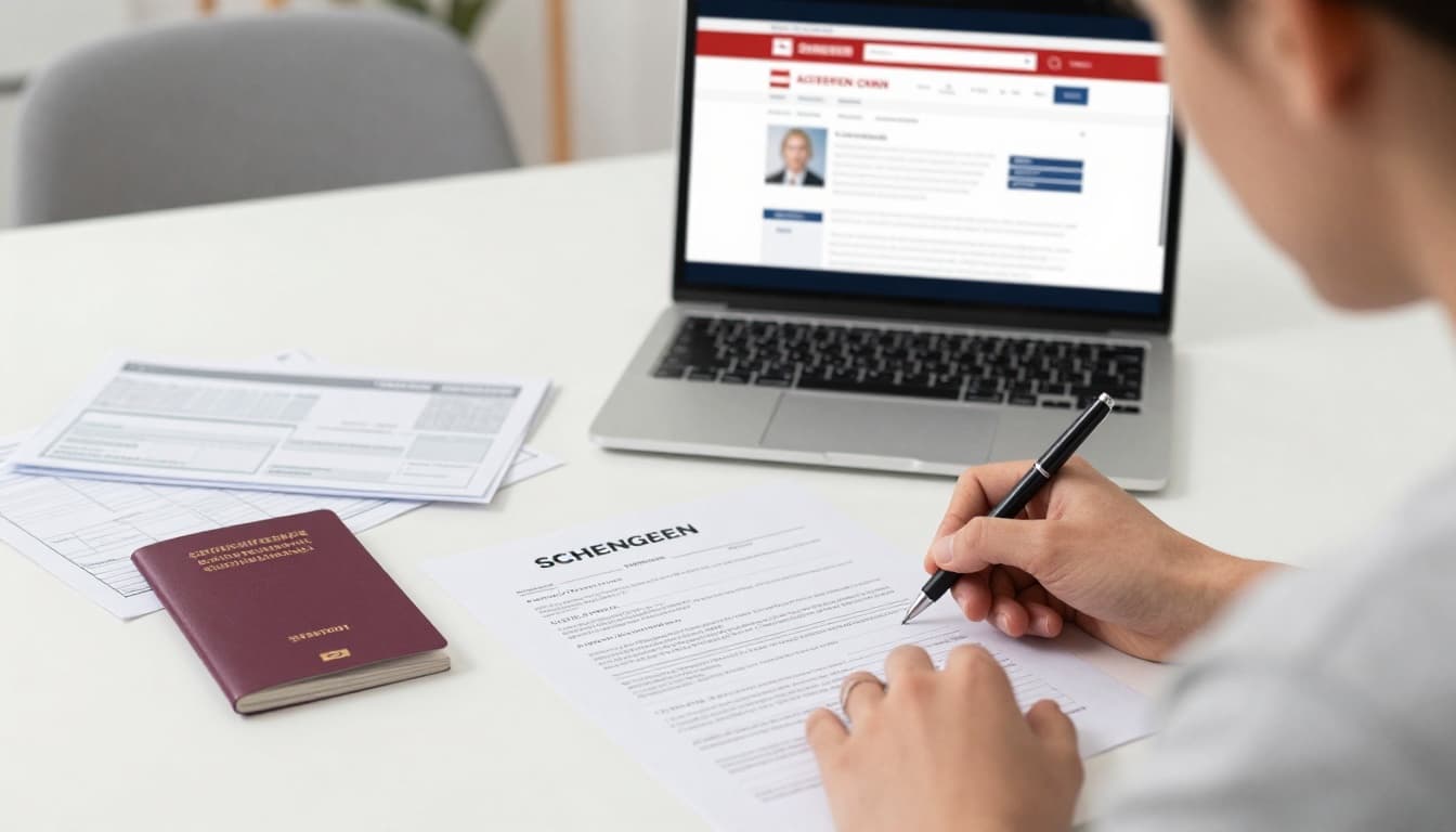 Person sitting at a table carefully filling out a Schengen visa form with a pen, passport and travel documents nearby in a modern home office. Laptop open to official Austrian visa website in background, bright lighting, focused expression.