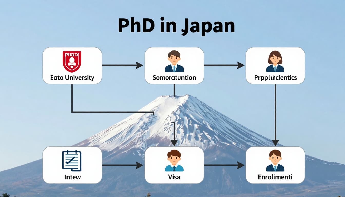 Step-by-step flowchart illustration depicting the PhD application process in Japan, with icons for choosing university, contacting supervisor, preparing documents, submitting application, interview, visa, and enrollment, featuring a simple clean design, Mount Fuji background, and colorful professional infographic style.