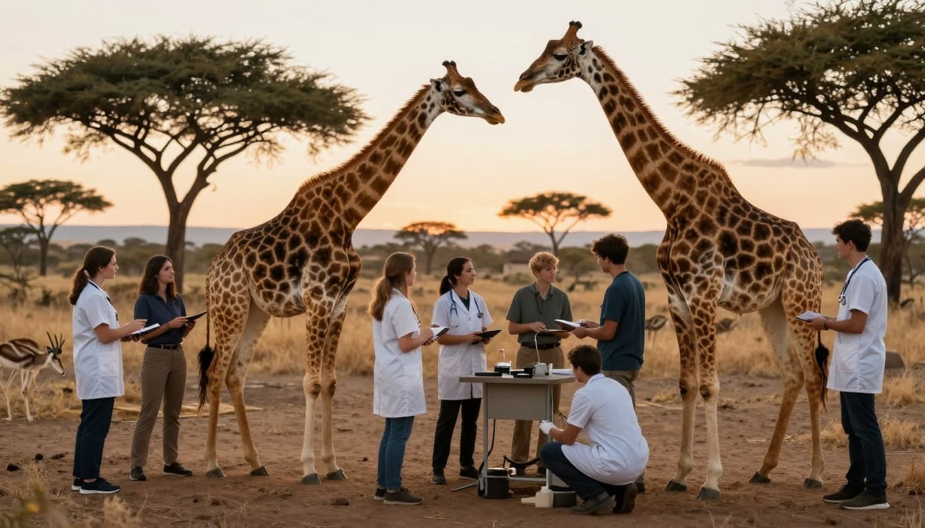 Pre Vet Study Abroad Programs for College Students 200+ Vet 4 Group of pre-vet college students on a South African game reserve helping vets care for giraffes and antelopes amid sunset savanna with acacia trees and dusty ground.