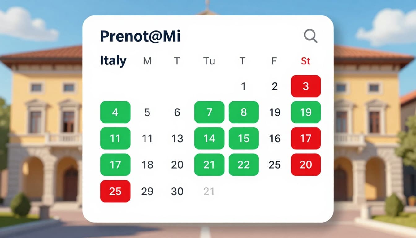Illustrative image of Prenot@Mi digital calendar interface showing Schengen visa Italy appointment slots: green for available dates, red for booked, with blurred Italian consulate background in modern UI style.