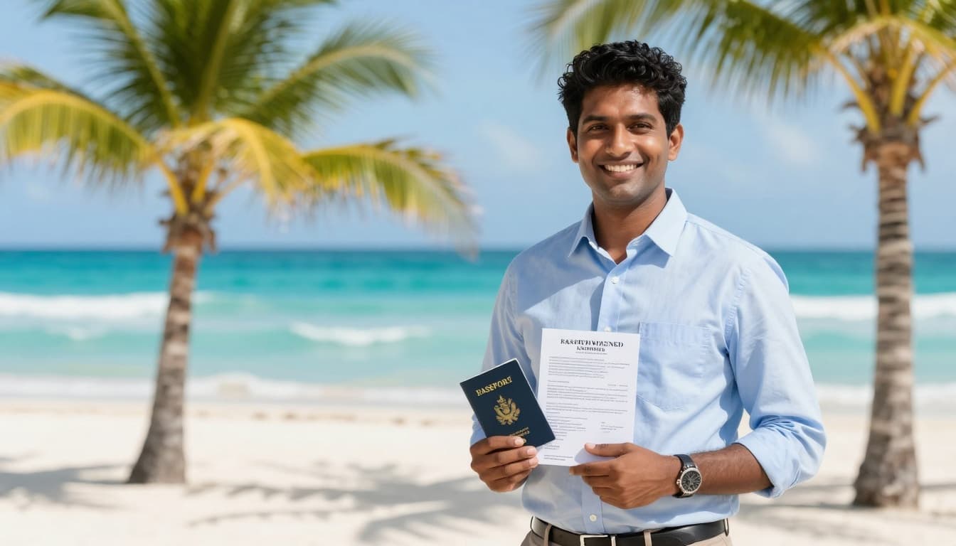 A professional in business casual attire stands on a sunny Bahamas beach holding a passport and work permit, with turquoise ocean waves and palm trees in the background, capturing vibrant tropical colors and a sense of work-life balance.