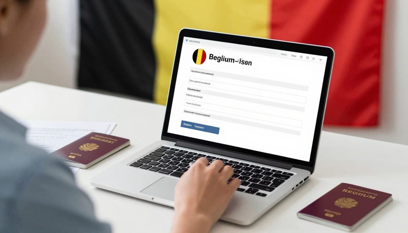 A professional person at a desk with a laptop, filling out an online Belgium visa application form, passport and documents nearby, modern office with Belgian flag in background, realistic style.
