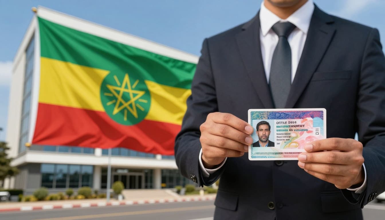 A professional business person holds an Ethiopian business visa passport stamp in front of a modern office building in Addis Ababa, with the Ethiopian flag in the sunny background.